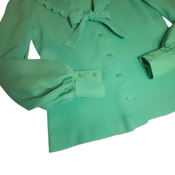 Deha Of Sweden Vtg 70s Green Ruffle Collar Blouse SZ 38 Bow Tie Button Front - Picture 8 of 16